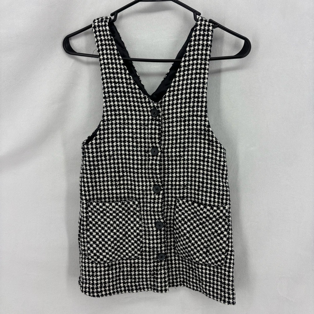Zara Houndstooth Button Front Vest Size 8 Black White Tweed Pockets Lined